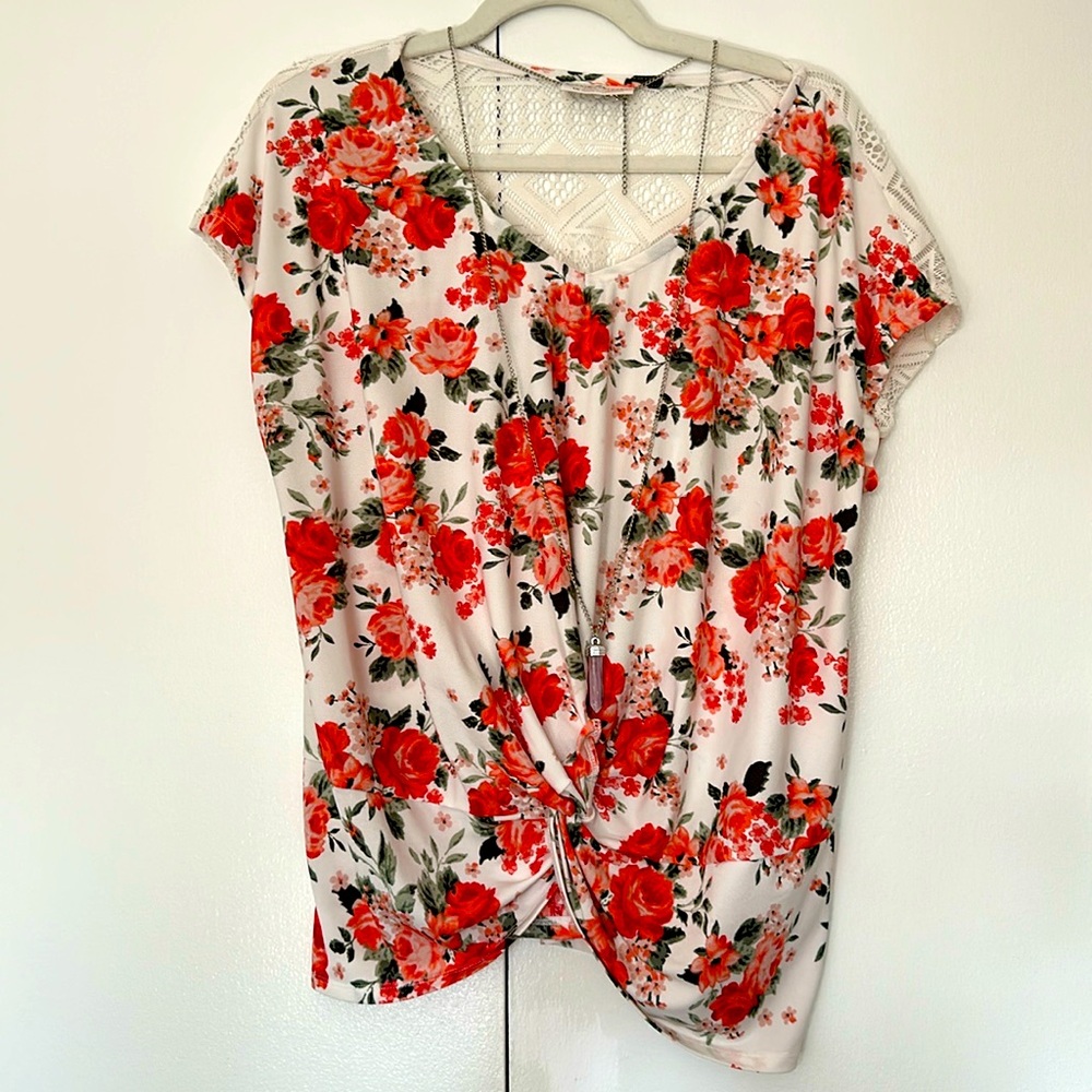Bobbie Brooks Plus Size Floral and Lace Blouse with Necklace